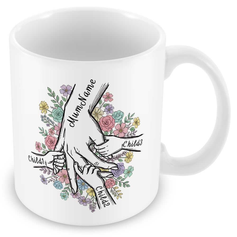 Personalised Mum & Children Holding Hands Mug – Custom Names Mother Child Hand Line Drawing Floral Mug – Gift for Mum, Mummy, Mother, Mam or Mama – Up to 3 Children – Add Matching Card or Coaster