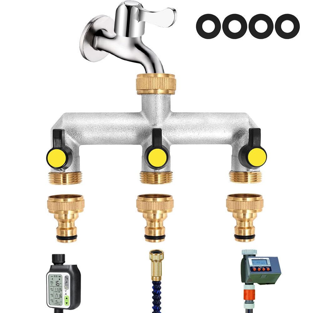3 Vie Sdoppiatore Rubinetto con Valvola Indipendente, Ottone e Lega di Zinco Collettore Acqua 3 Vie per Regolare il Flusso dacqua, Distributore 3 Vie per Giardino, Cucina, Lavatrice