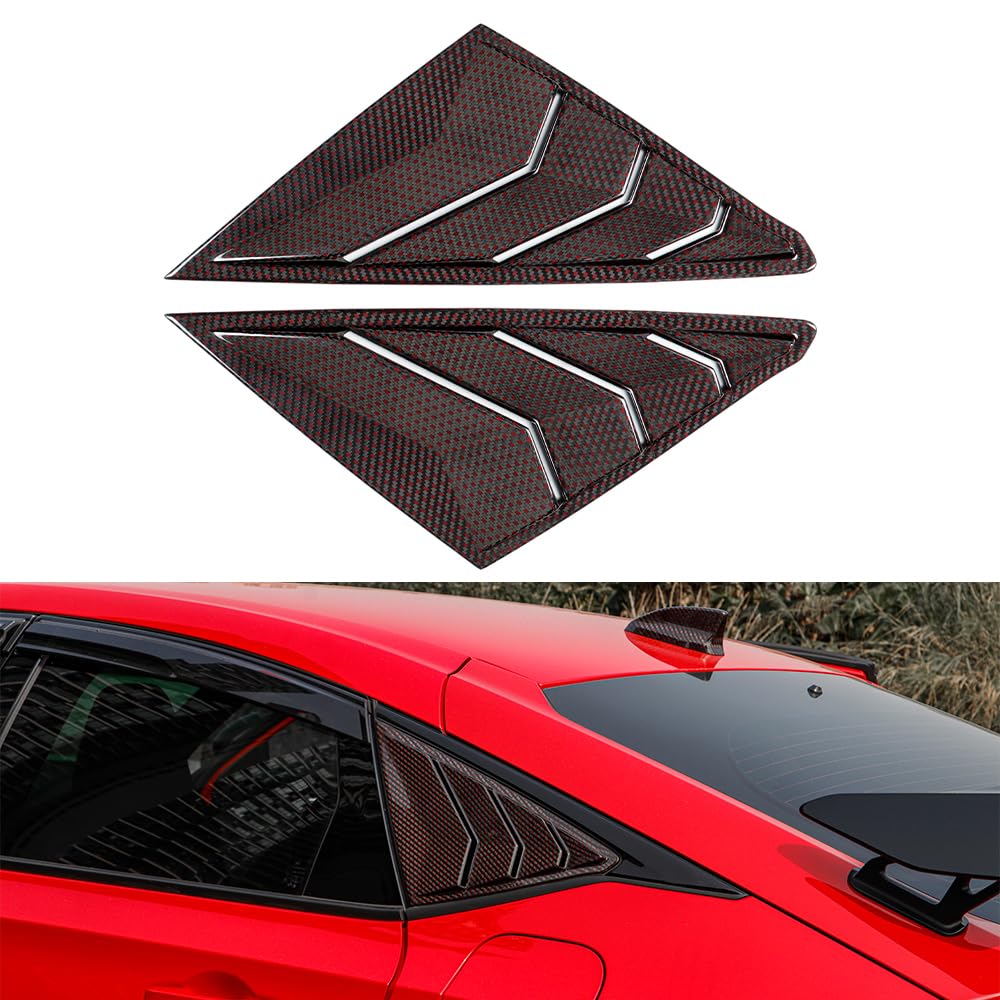 JSWAN 2Pcs Red Black Carbon Fiber Rear Side Window Louvers for 11th Gen Civic Type R FL5 Typer Shark Gills Styling Triangular Window Blinds