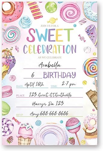 Miniatura 3 de Candyland - Tarjeta de invitaciones para fiestas de cumpleaños para niños, fiesta de dulces dulces, invitación de cumpleaños de Candyland (079)