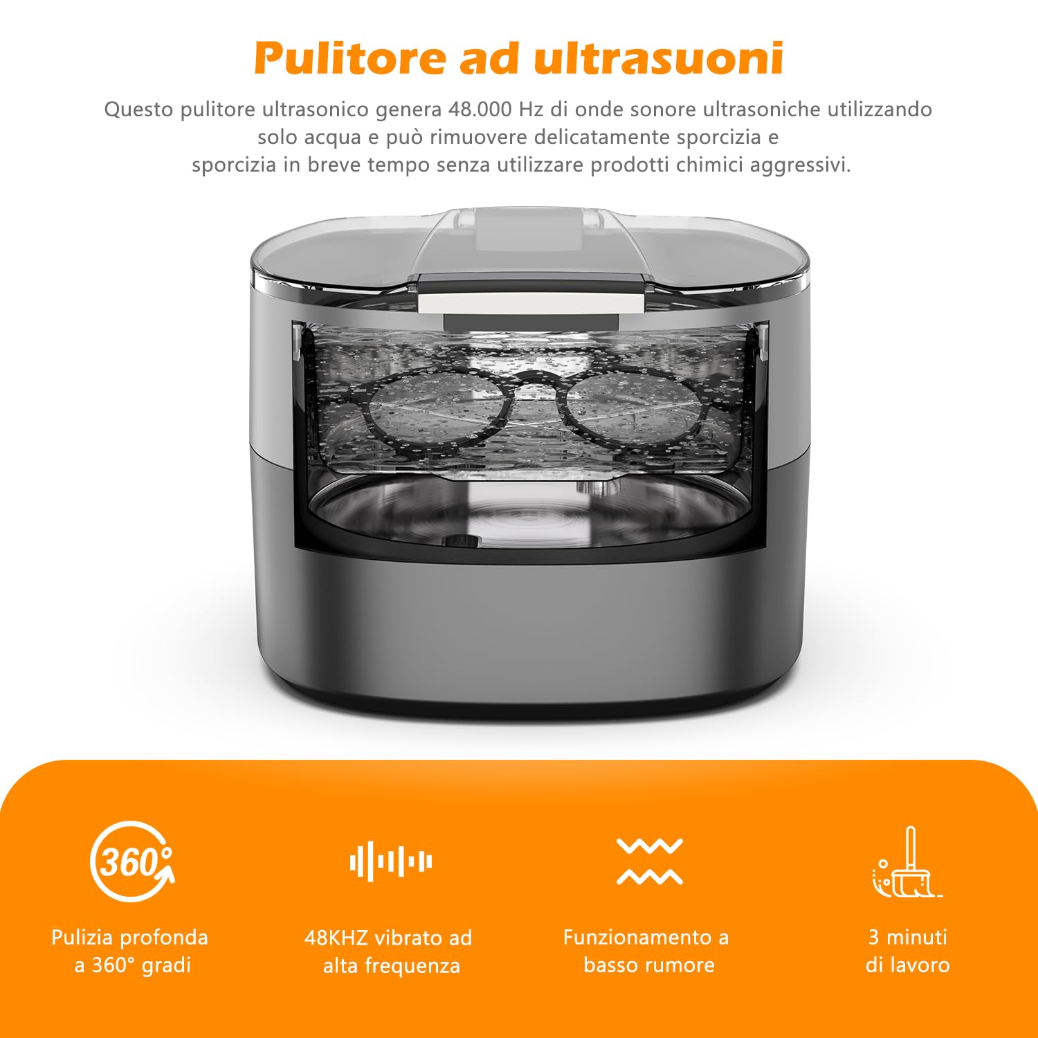 KECOOLKE Pulitore ad Ultrasuoni, 750ML Lavatrice Ultrasuoni in Acciaio Inox con 5 modalità di Tempo, Pulitore Ultrasuoni per Pulizia Gioielli, Occhiali, Orologi, Anelli, Collane