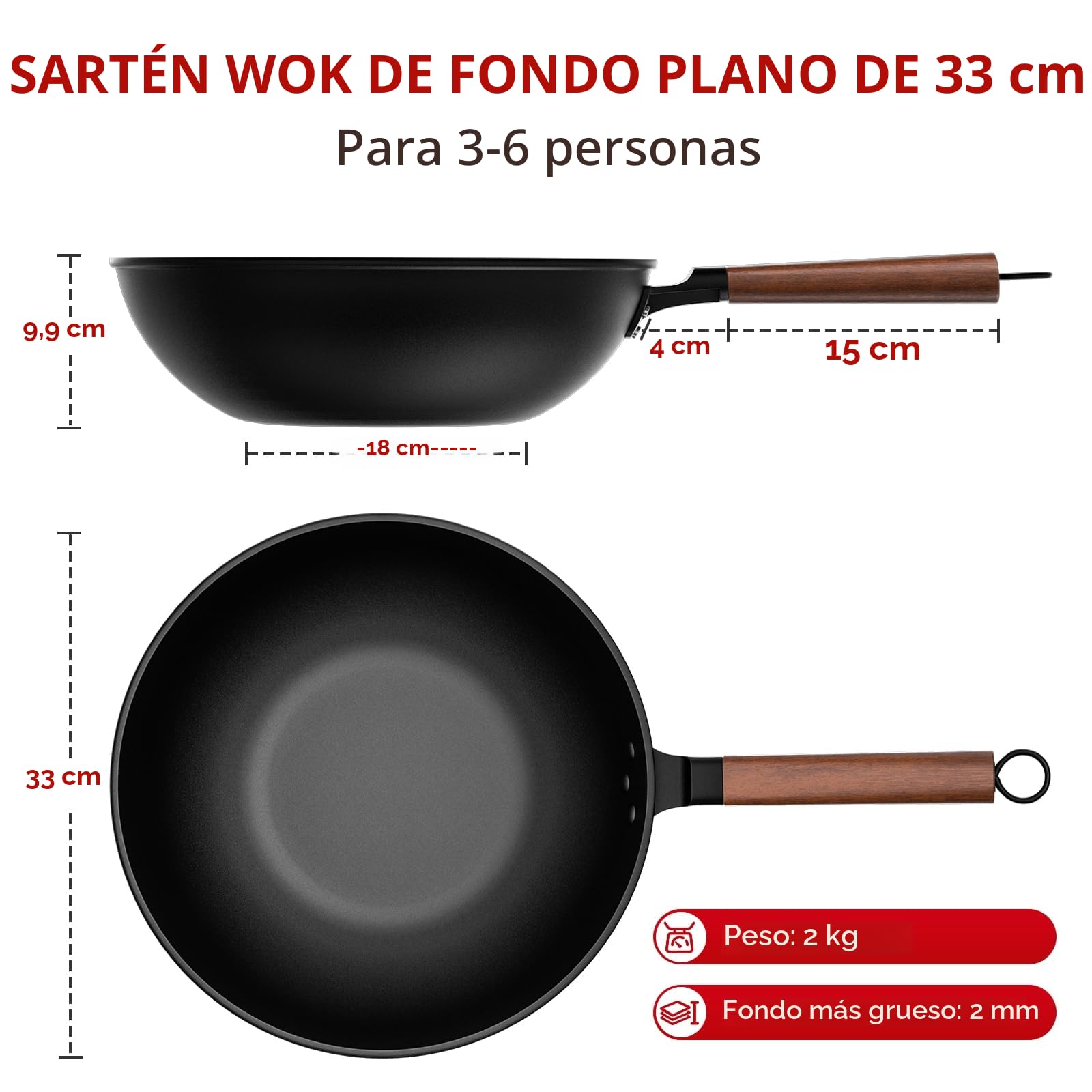 Jobin 33cm/5,6L Wok de Acero al Carbono Sartenes Antiadherentes con Tapa - Sin Recubrimiento Químico - Puede Cocinar Platos Asiáticos para 4-6 Personas - Apto Para Todas las Cocinas