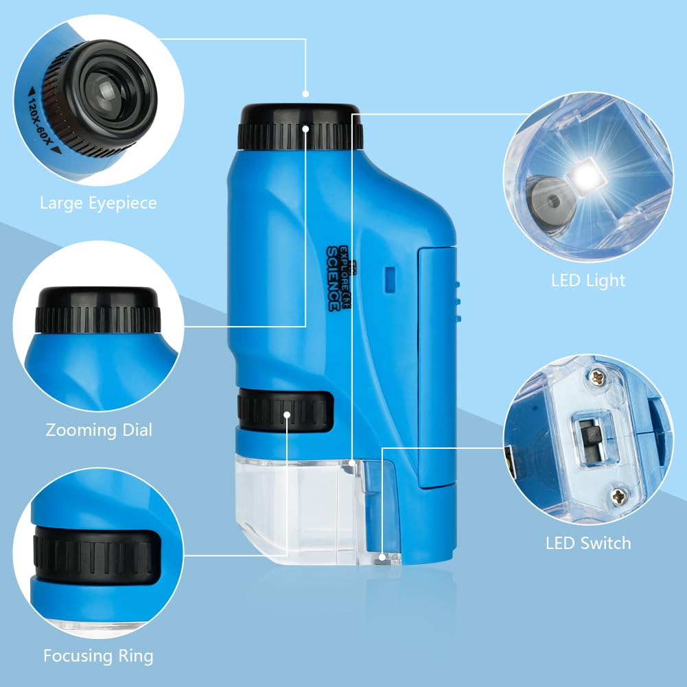 OSDUE Mikroskop Kieszonkowy dla Dzieci, Przenośny 60x-120x Mini Zoom z Podświetleniem LED, Zabawka Edukacyjna, Prezent dla Uczniów i Przedszkolaków