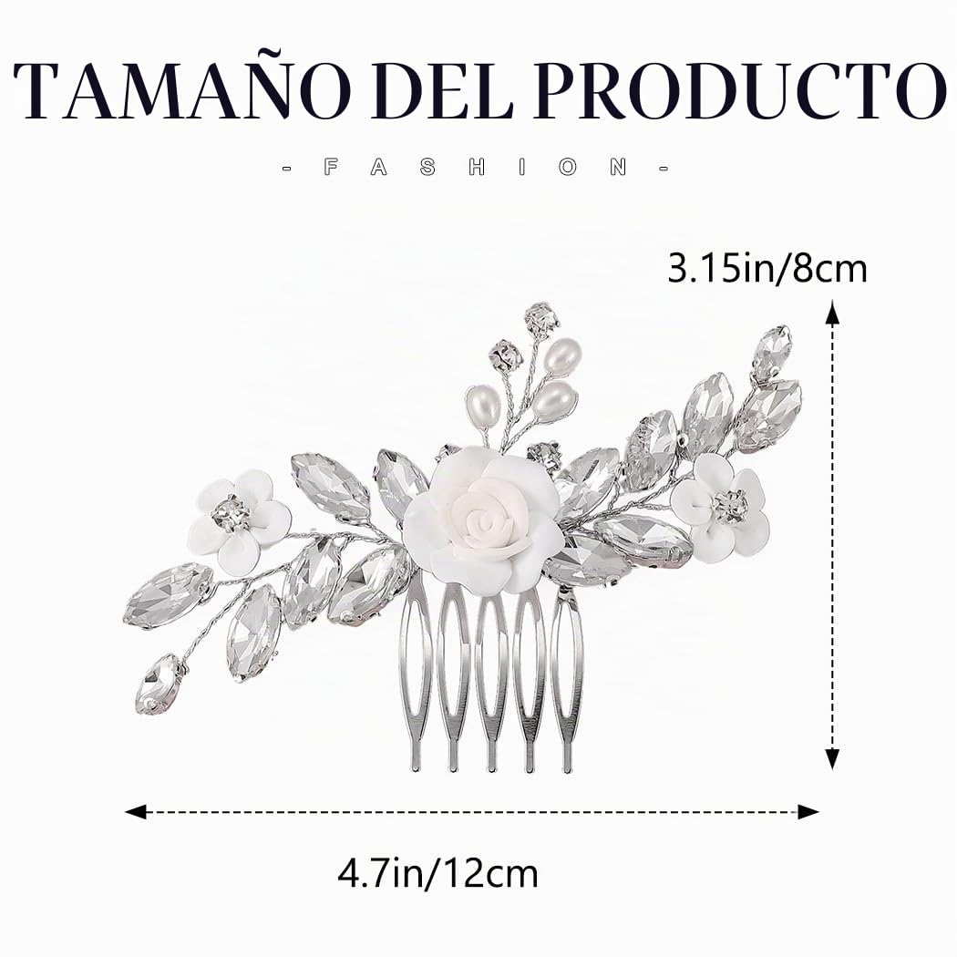 Peineta de novia, adorno para el pelo de plata con flores, cristal, tocado para mujeres y niñas