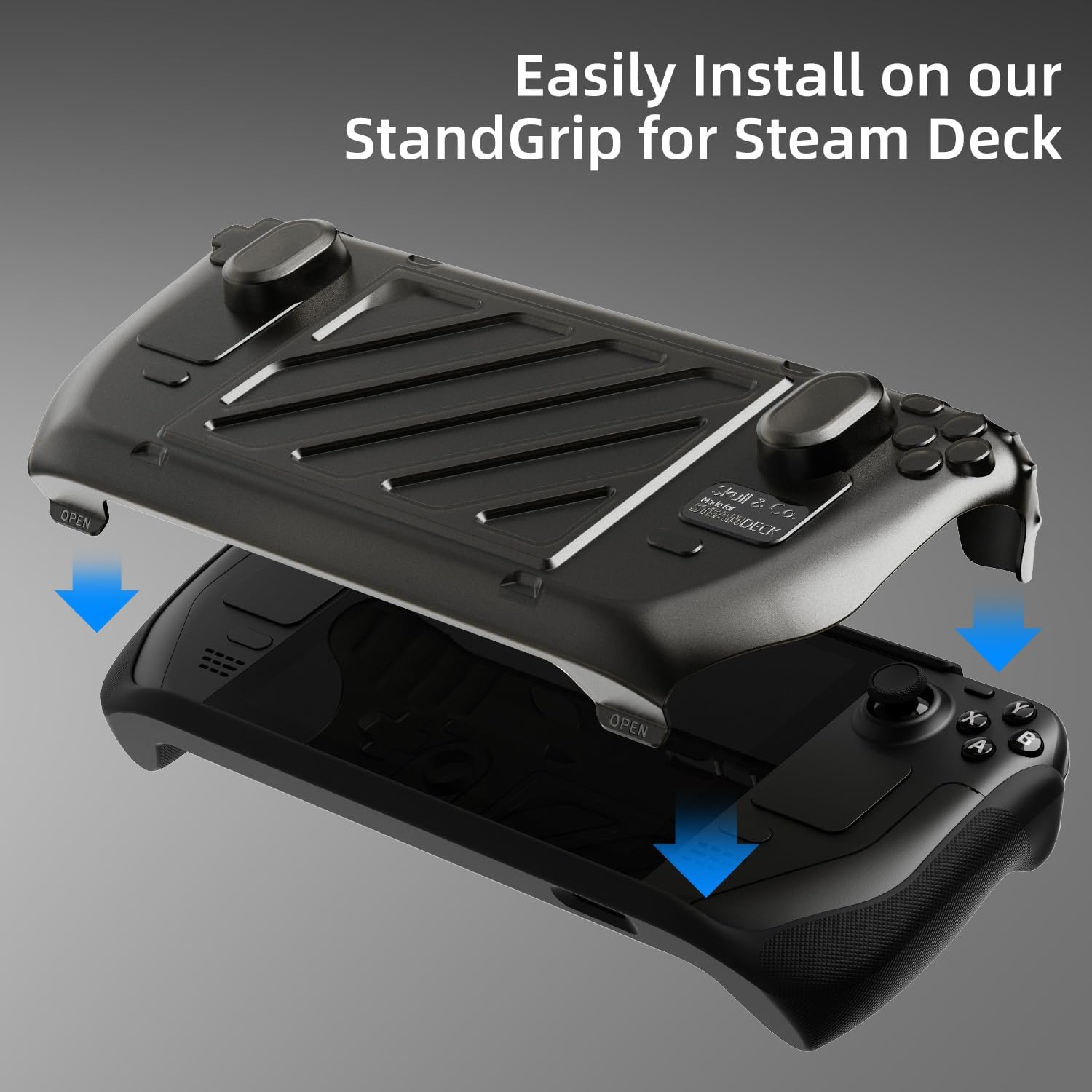 Skull & Co. Stand Grip GripCase Front Cover Bundle for Steam Deck/OLED: Protective Case with Textured Grips Full Protection with Hardshell Front Cover Handheld Design- Smoky Black