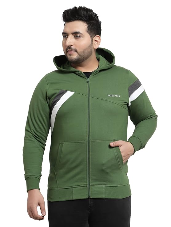 Men Full Sleeves Zipper Fleece Striped Hoodie(Green::White::Dark Grey;7XL)