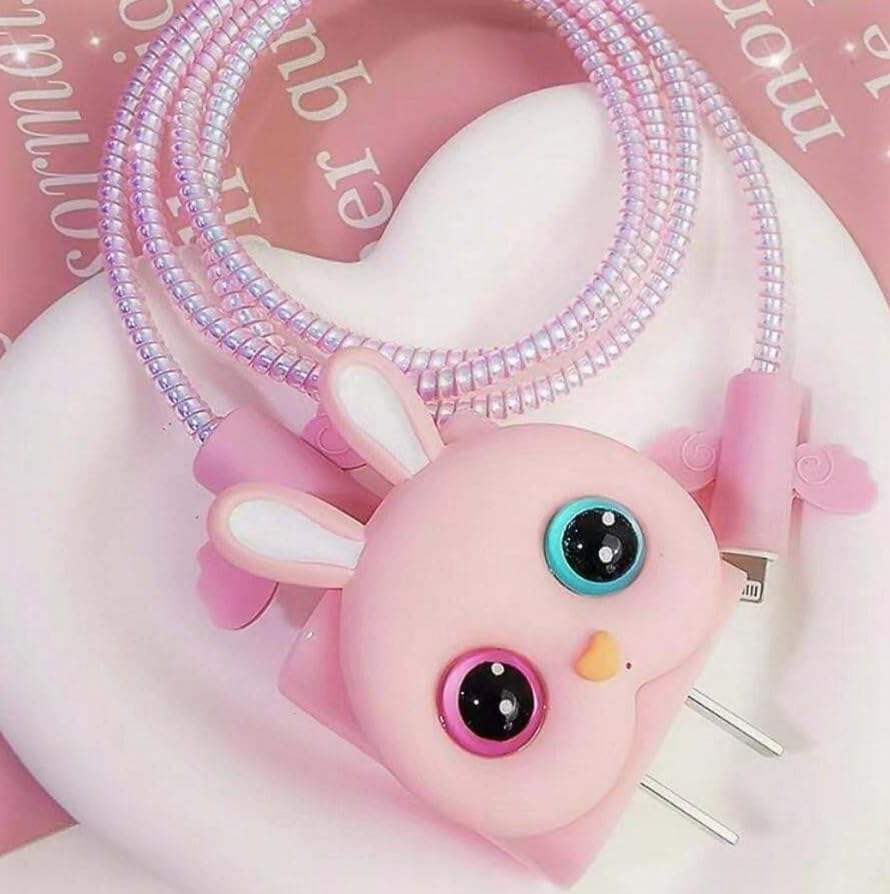 Image of Cable Protector with 3D Cute Pattern for iPhone Charger only 18W & 20W, Data Line Wire Saver Charging Cable Charger Protective Cable,Full Protection Cover 4 in 1 (Pink-Kitten)