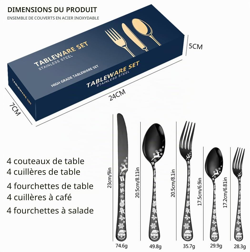 XIAOYU 20PCS ensemble d'argenterie de Noël, ensemble de vaisselle noir service 4pcs, vaisselle en acier inoxydable, flocon de neige unique père Noël Moose Pattern Design, sécurité lave - vaisselle
