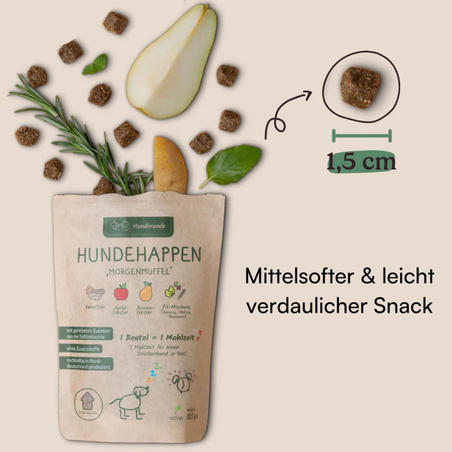 Hunderunde - Hundesnack Morgenmuffel für einen Guten Start in den Morgen - Hundeleckerlis mit Vitaminen, 39 Ballaststoffen & Kohlenhydraten - 100% hypoallergen, gut verträglich & vegan (9X 125g)