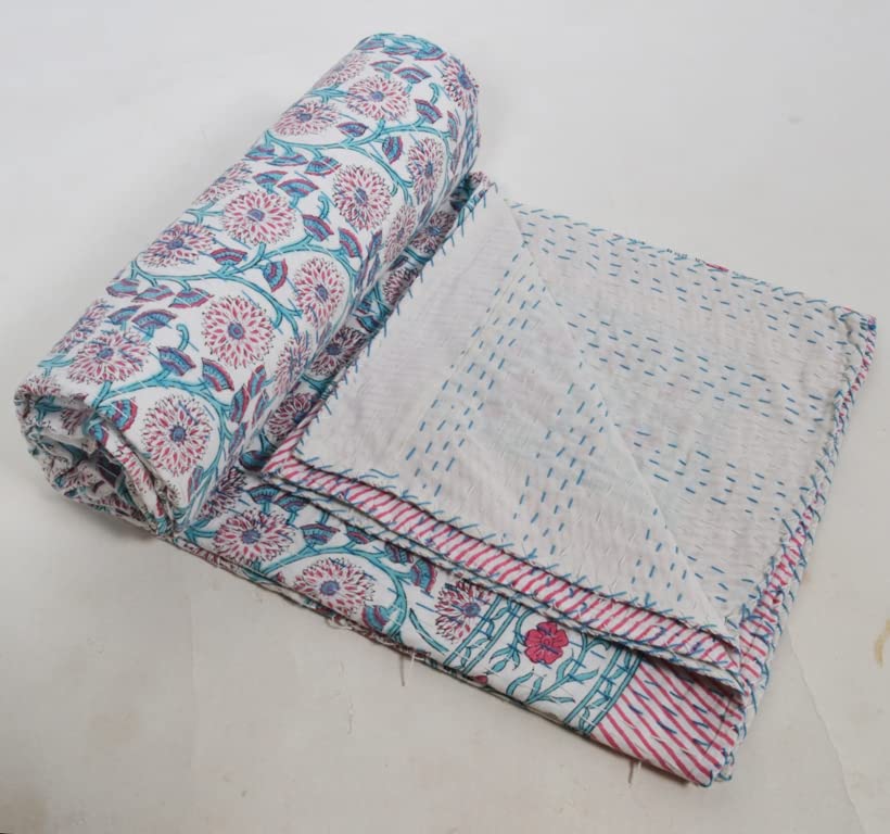 V Vedant Designs Hand Block Kantha Quit Indian Kantha Quilt Floral Kantha bedcover Throw Cotton Kantha bedsheet Twin/Queen Bedding Bohemian Kantha Bedspread (Floral 10, Twin(90x60))