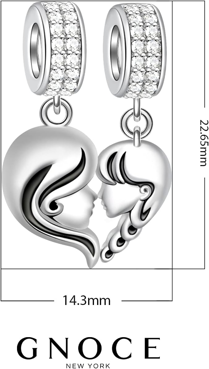 GNOCE [2 Pack Mother and Daughter Charms for Bracelet/Necklace 925 Sterling Silver Mom Love Heart Dangle Charms for Women Mom Mother's Day Gift