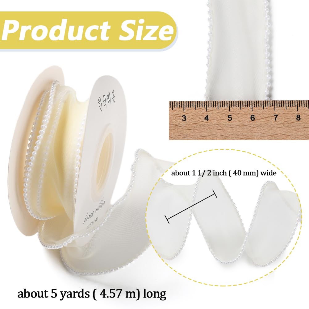 CABODYALS 4.57M 40mm Yellow Sheer Organza Ribbon Faux Pearl Edged Lace Trim Smooth Transparent Mesh Fishtail Yarn Shimmer Ribbons with Spool for Sewing Making Crafts Party Wedding Invitations Decor - Image 2