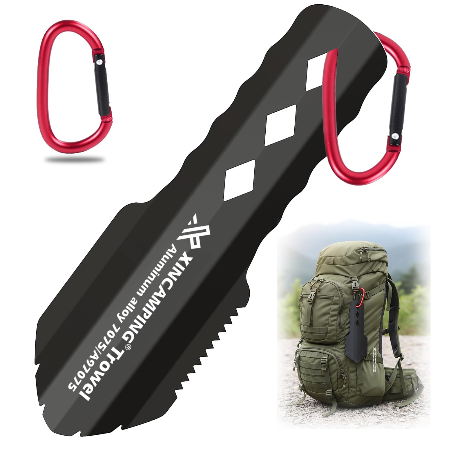 屋外シャベル xincamping スコップ アルミ製 園芸 シャベル 小型 軽量 頑丈 多機能ショベル ミニ スリム シャベル ハンドスコップ アウトドア 便利 防災 穴掘り ハンギングクリップ付き ハイキングキャンプバックパックに必須 キャンプ用品 (くろ)