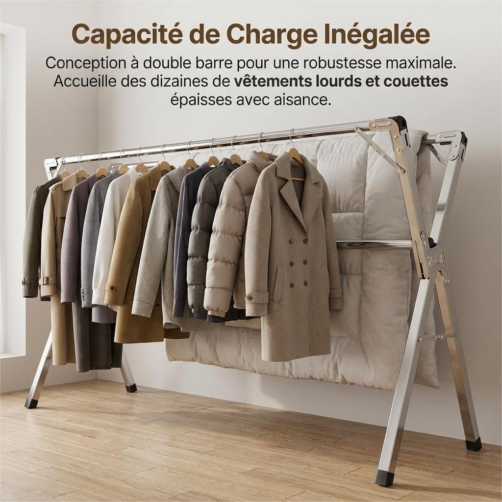 Étendoir à Linge Pliable INOX Type tancarville, etendoir Linge Interieur et Exterieur, sechoir a Linge reglable 140–240 cm, Grande capacite, Jusqu’à 60 kg par Barre, avec 40 Crochets Coupe Vent