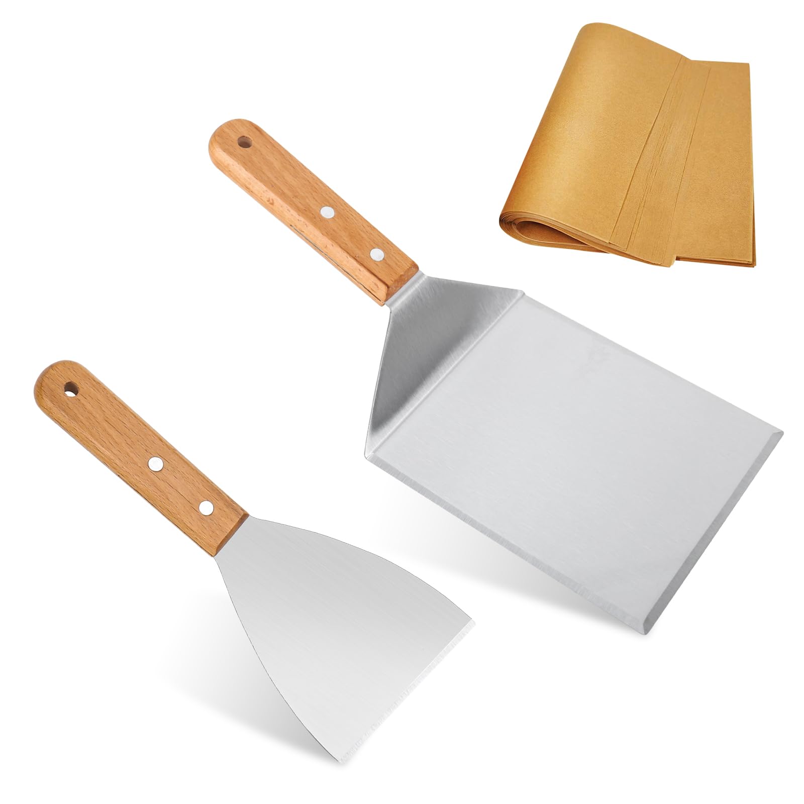 smtfcty Barbecue Spatula Set of 2 with Wooden Handle, Barbecue Utensils BBQ Tool Set Stainless Steel Including Burger Paper Grill Spatula for Smash Burgers, Plancha Spatula, Teppanyaki Accessories