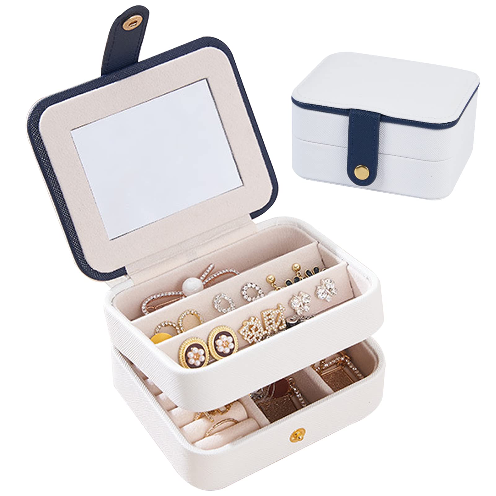 Beauenty Double-Deck Square Jewelry Storage Box, Portable Home Travel Convenient to Carry and Store Girls Earrings, Necklaces, Rings, Iewelry and Other Accessories Travel Jewelry Storage Box (white)