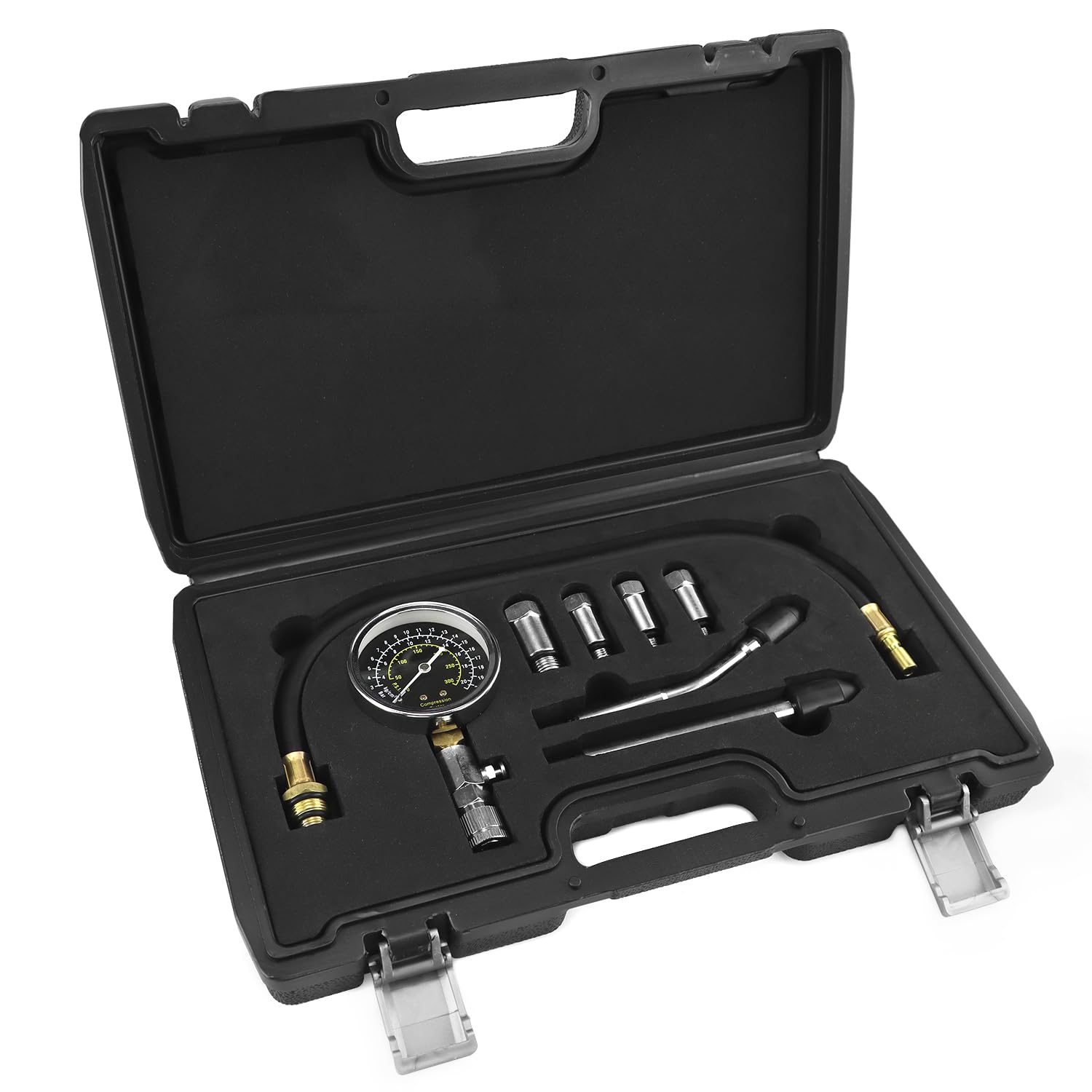 QWORK® Juego de comprobador de compresión para motores de gasolina, medidor de compresión del cilindro del motor con rango de medición de 300 PSI, incluye adaptador M10 M12 M14 M18