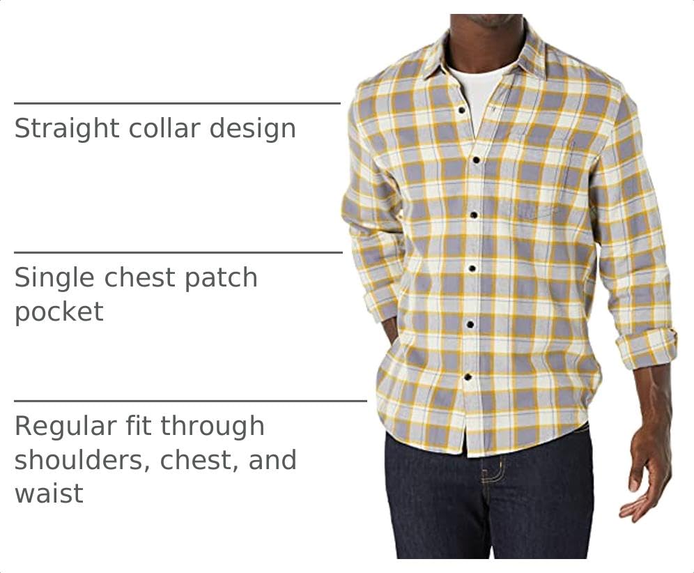 Image of Amazon Essentials Men's Regular Fit Long-Sleeve Flannel Shirt, Soft Brushed Cotton, Lightweight yet Warm