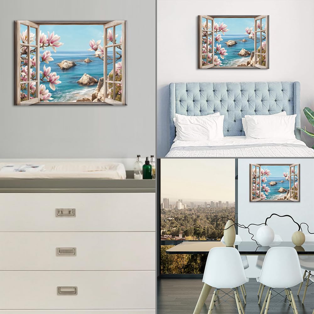 PIY PAINTING Wasserfront Szene Spiaggia Quadri Moderni Soggiorno Stampe Da Parete Mare e Finestra Disegno Su Tela Fiore Immagine Pittura Dipinto Quadro Con Cornice Decorazione Camera Da Letto 30x40 cm