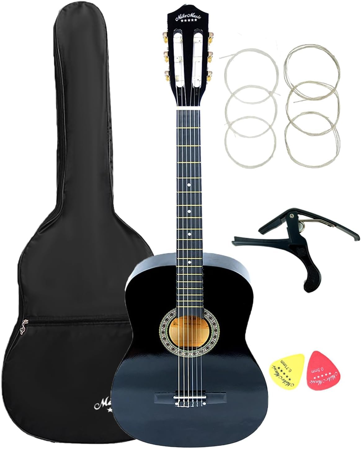 غيتار كلاسيكي مايك ميوزيك مقاس 38 انش، لون اسود مع حقيبة - 38C