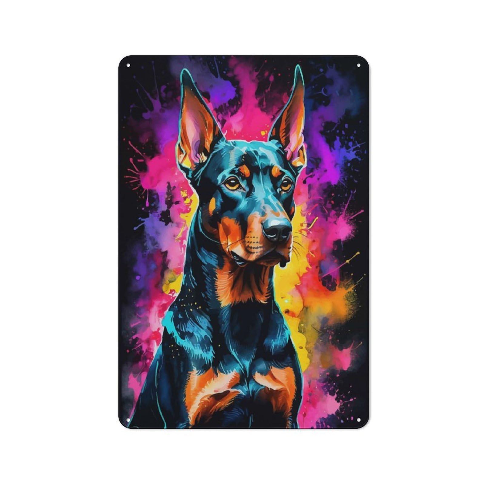 Junmoney Doberman In Watercolor Neon Retro Metal Wall Sign 30X20cm Featuring For Hallway Wall, For Garage, Workshop And Man Cave Decoration