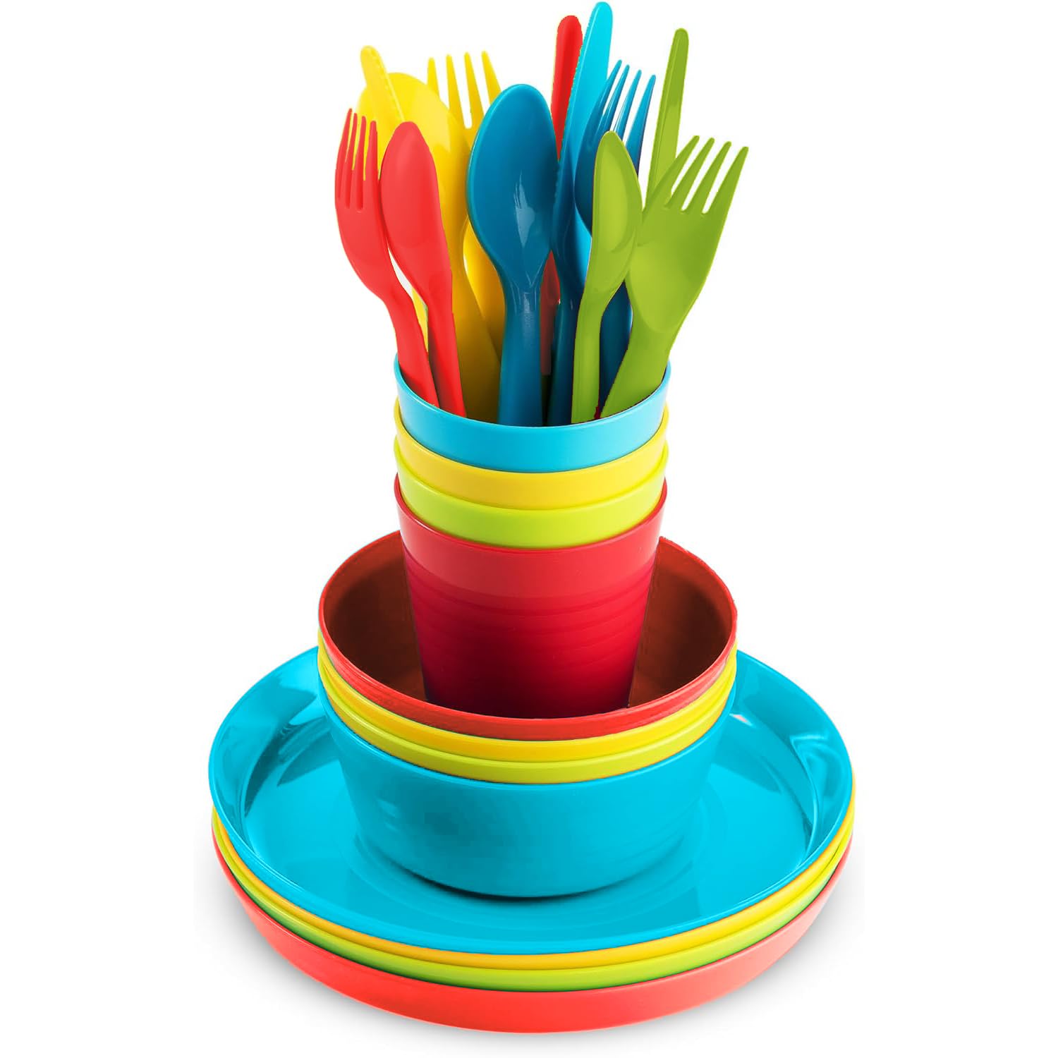 24Pcs Kids Plates and Bowls Sets, Tableware Set, Reusable Plastic Dinnerware Set, Unbreakable Kids Dinner Plates & Salad Bowls, 240ml Cups, Knife & Fork & Spoon, BPA Free, Kids Dinner Set for Picnics
