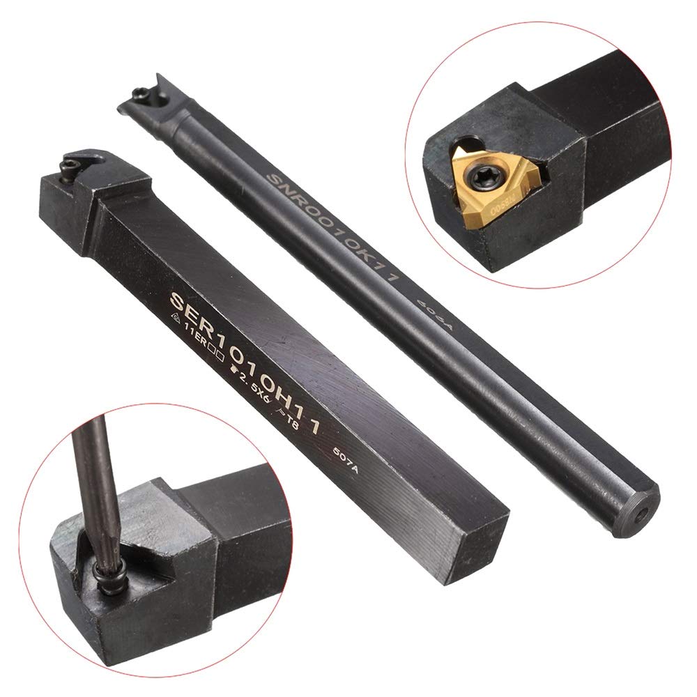 Torneado y ranurado de plaquitas metálicas para torno Torno interior Roscado Volviendo Porta-herramienta + 2pcs Inserciones de carburo + 2 Llaves Herramientas CNC SER1010H11 / SNR0010K11