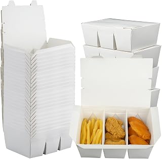 30 Pack 3 Compartment Paper Take Out Food Containers, 7.5x5.4x2.6" White Take Out Boxes, Disposable To Go Container Take Out Containers, Greaseproof Paper Bento Box Takeout Lunch Boxes with Lid