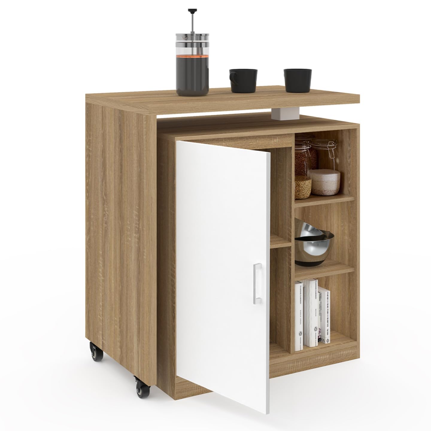 IDMarket – Ilot Rotativo Polo Mueble de bar giratorio 2 en 1 imitación haya puerta blanca