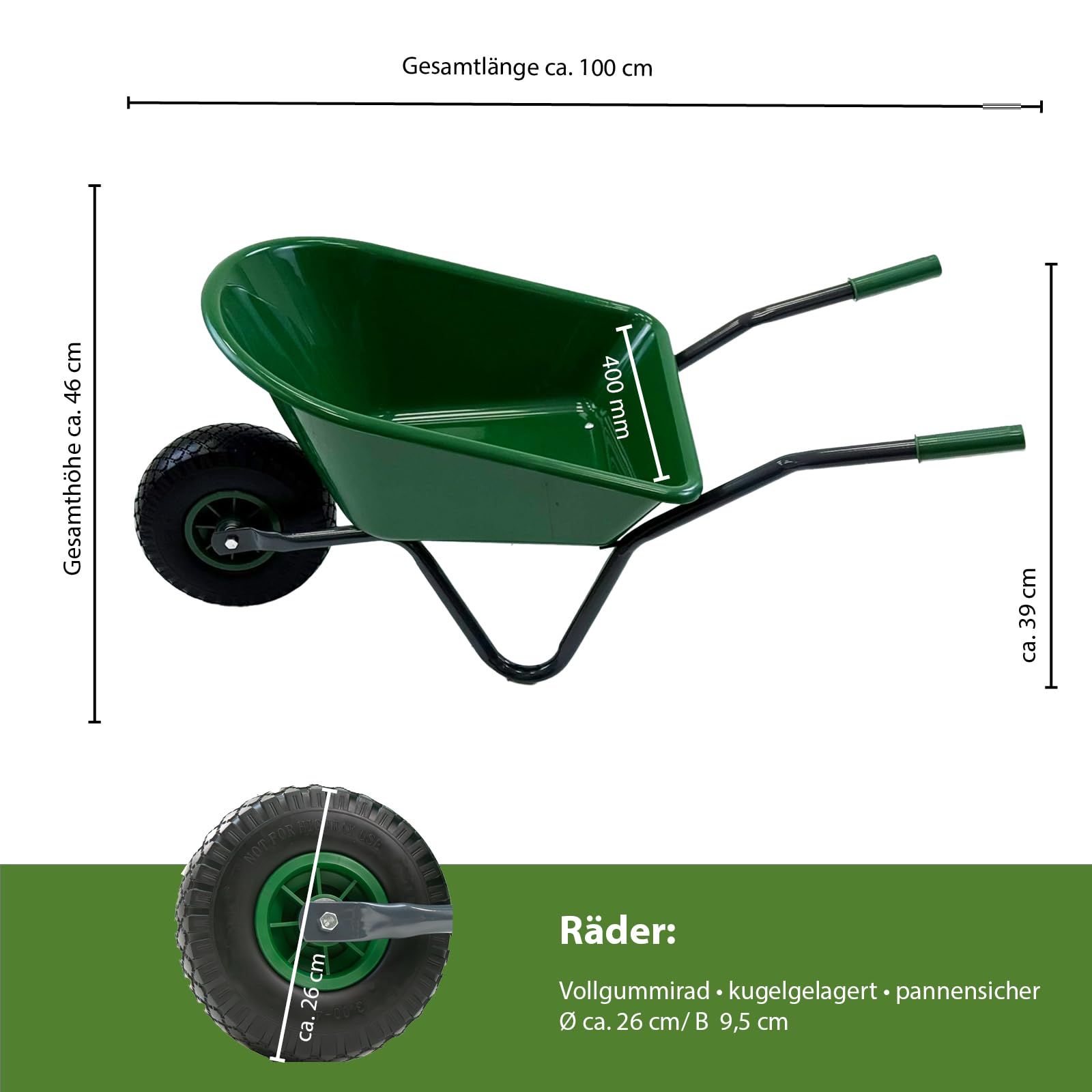 TRUTZHOLM Kinderschubkarre Uni 3,6 kg 40 kg Traglast Stahl Kunststoff grün Vollgummirad Schiebkarre Gartenkarre (Uni I grün)