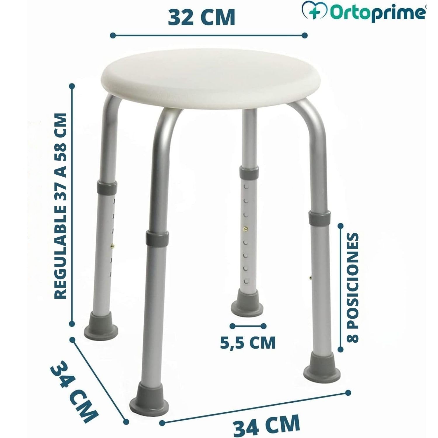 OrtoPrime Taburete de Ducha Redondo - Taburete Baño Antideslizante para discapacitados o Ancianos - Silla Ortopédica para Ducha - Asiento Ducha Adulto - Silla para baño Adulto - Altura Regulable