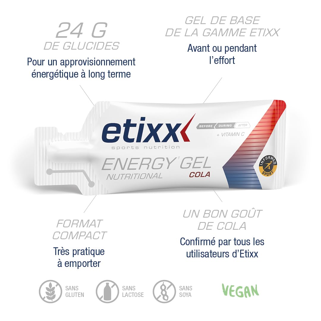 Etixx Gel Énergétique - Saveur Cola, 12 x 38g - Apport Rapide en Énergie, Idéal pour Sports d'Endurance et Récupération