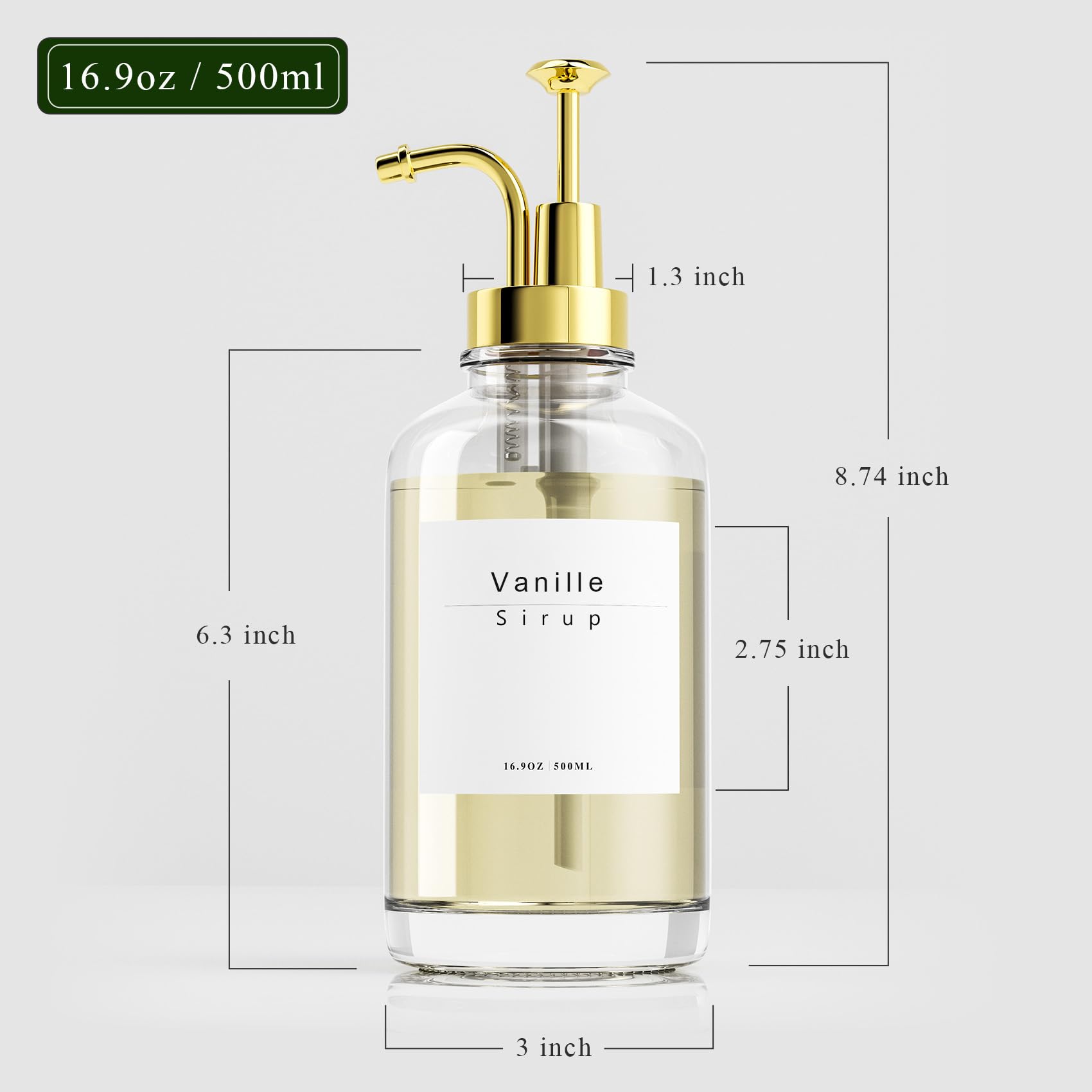 Dispenser per Sciroppo di Caffè, Accessori Bar, Erogatore con Pompa, 58 Etichette, 500 ml, Set da 2 Pezzi
