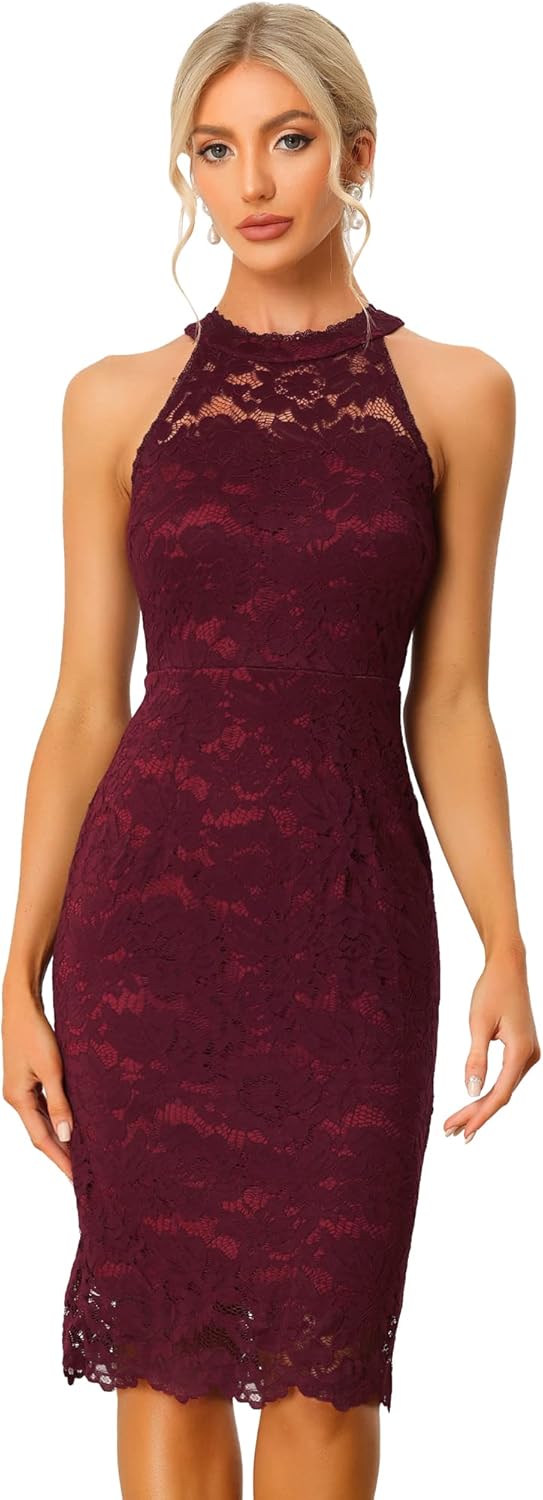 Allegra K Halter Formal Dress for Women's Sleeveless Bodycon Wedding Guest Cocktail Lace Sheath Dress