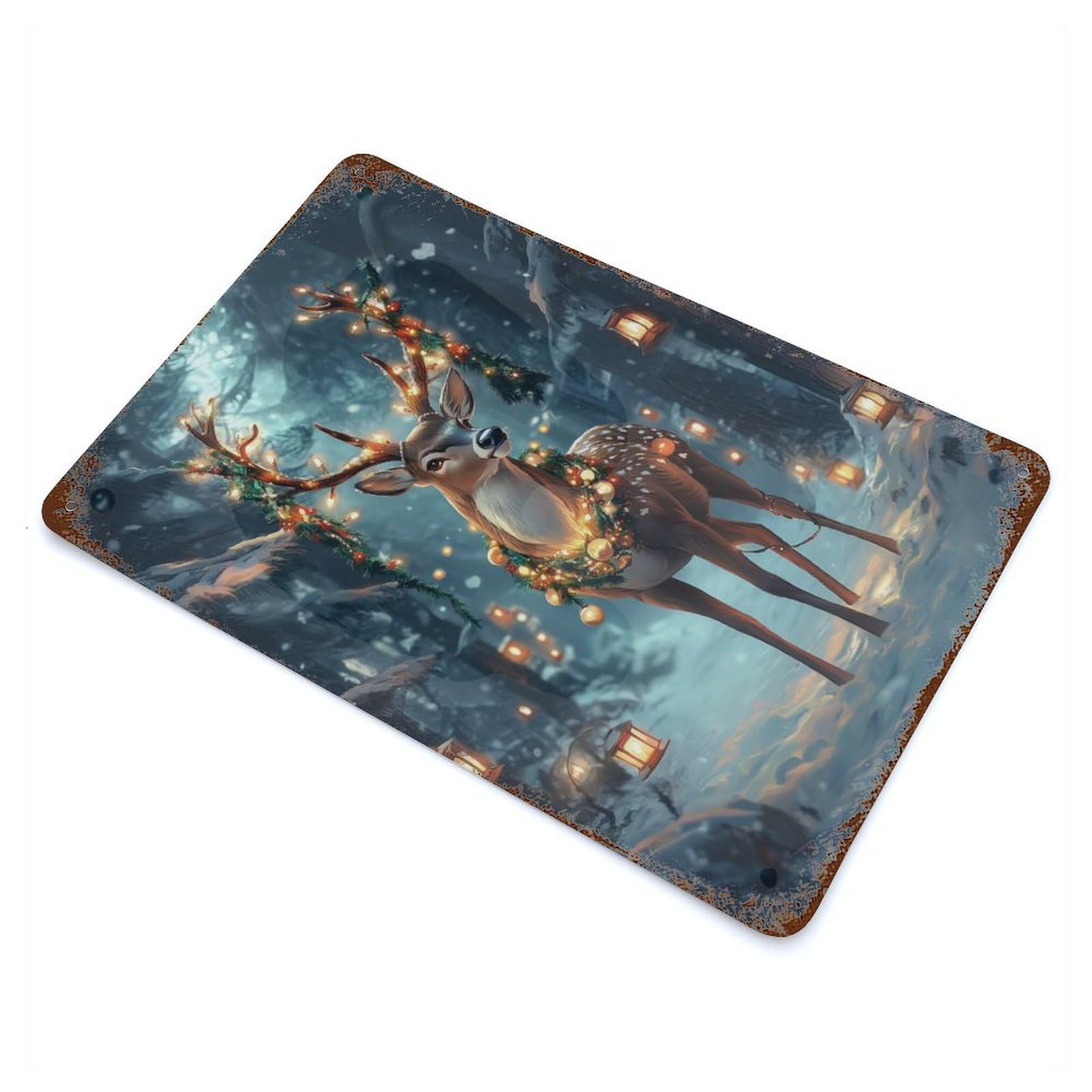 Christmas Deer in Forest Rust Effect Tin Sign 11.8"x7.9", Novelty Wall Decor for Garage, Pub Or Kitchen