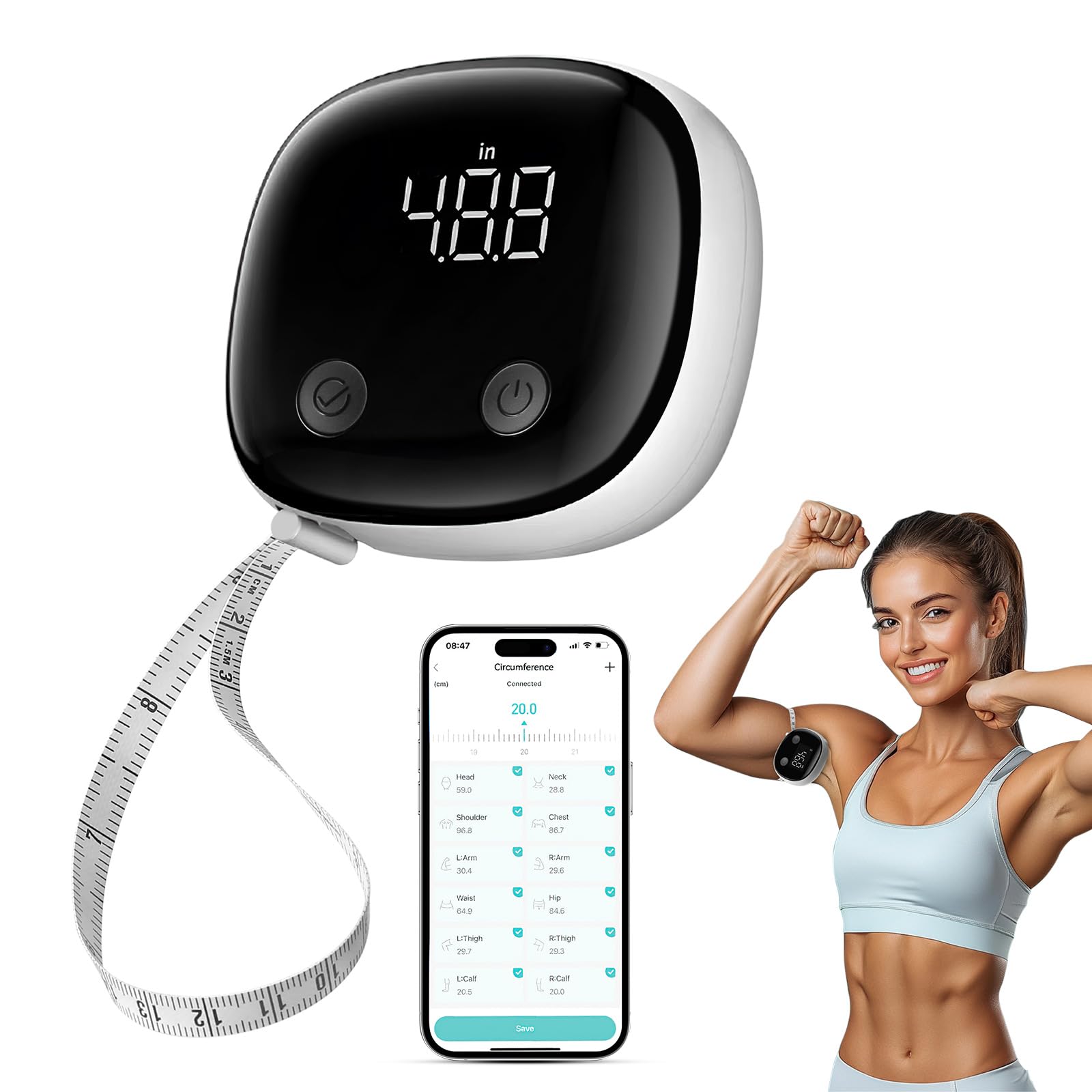 Smart Body-Maßband, Bluetooth-Maßband, Fitdays-App-Überwachung, Körpermaßband LED HD Vollbild für Fitness, Formgebung, Gewichtsabnahme und Aufzeichnung des Körperumfangs in cm oder zoll