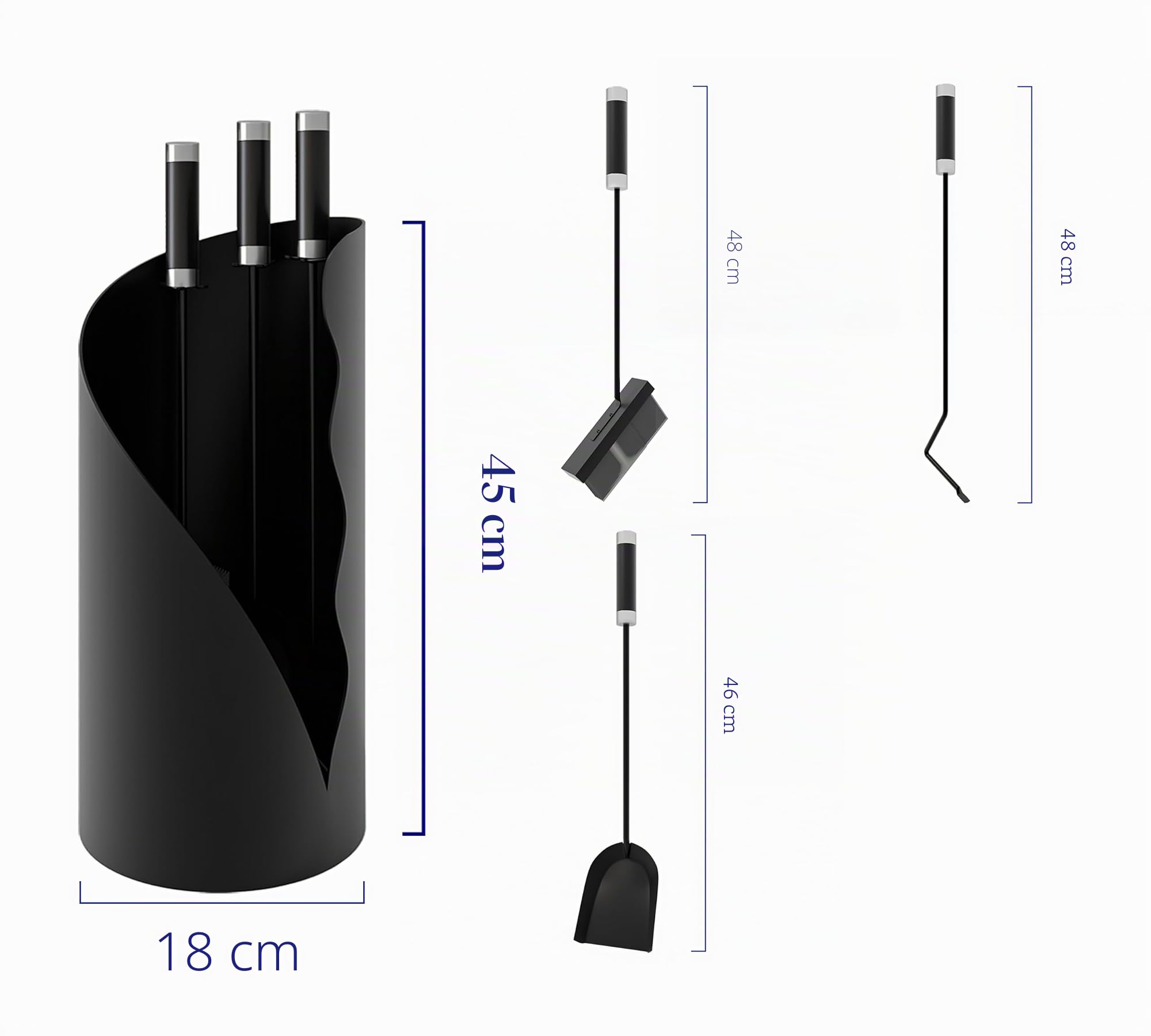 Kingson Juego de Accesorios para Chimenea de 3 Piezas – Conjunto Moderno de Herramientas para Chimenea con Cepillo, Pala y Atizador – Soporte Redondo de Pie – 52,5 cm de Alto – Mango Mixto