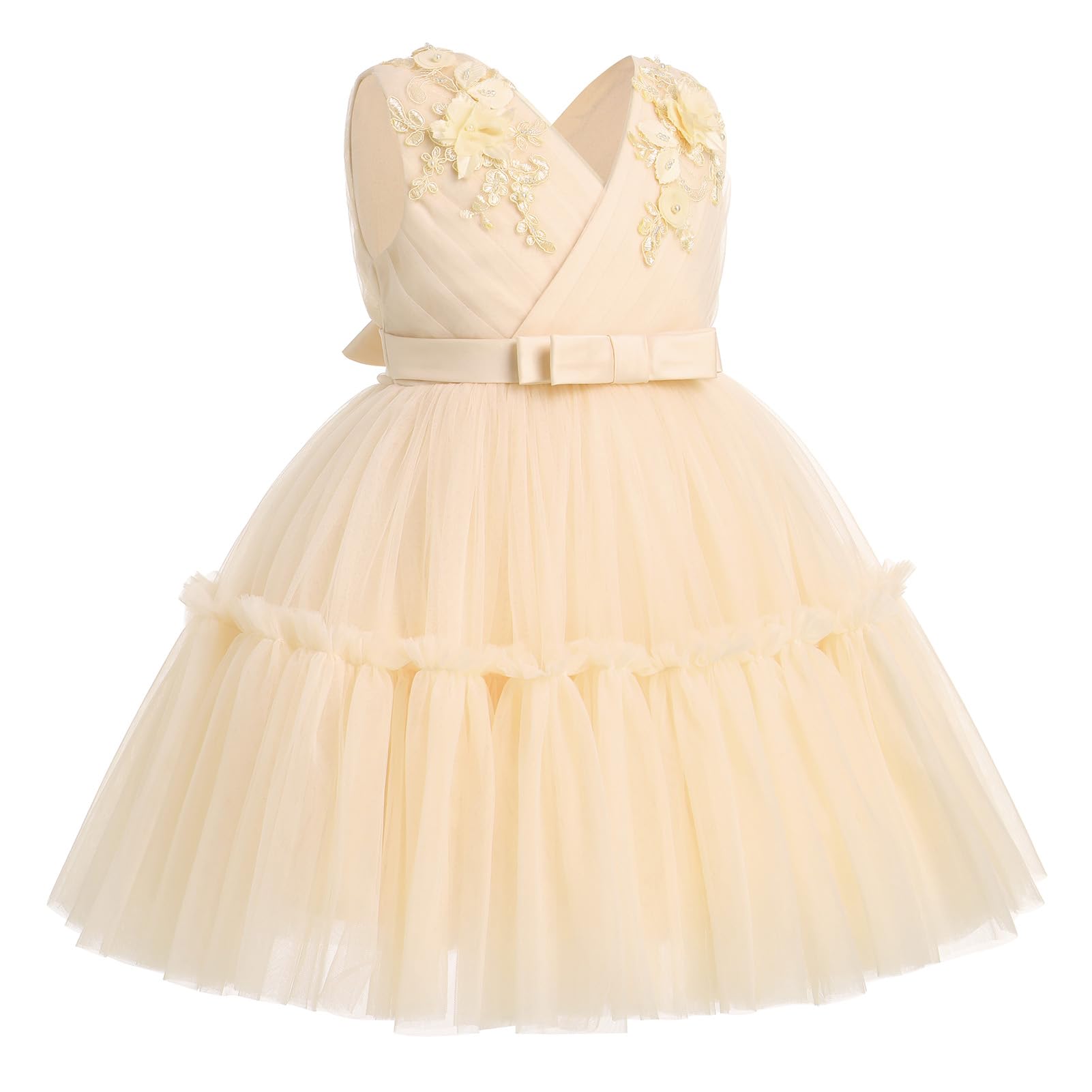 IBTOM CASTLE Blumenmädchenkleider für Hochzeit, ärmellos, V-Ausschnitt, plissiert, Prinzessin, Rüschen, Tüll, Tutu-Kleid, Geburtstagsparty-Kleid