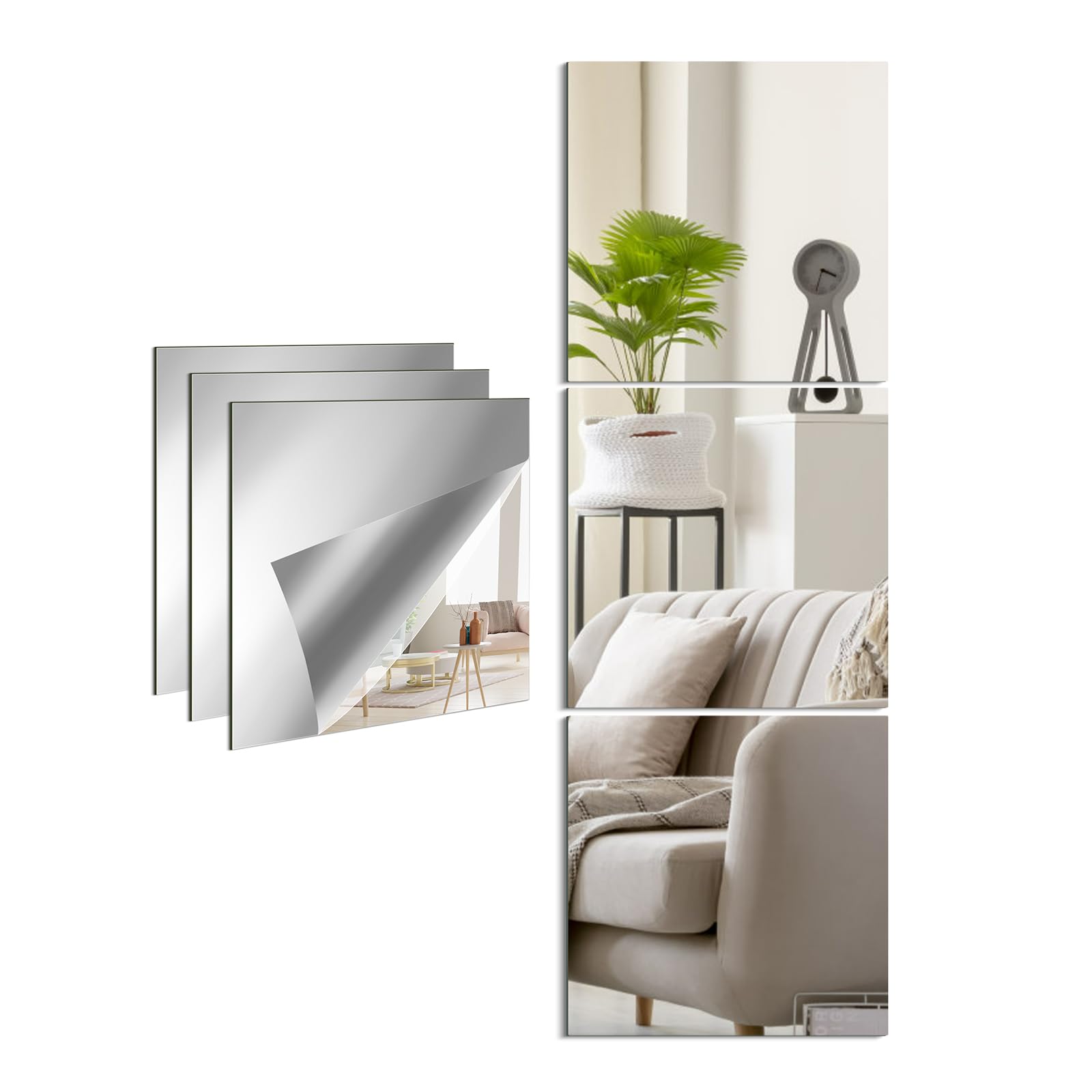 Warmiehomy Full Length Acrylic Mirrors Stickers for Walls, Frameless Self Adhesive Mirror for Home Decoration, Bedroom, Living Room, Wardrobe Doors (30x30cm, 3pcs)