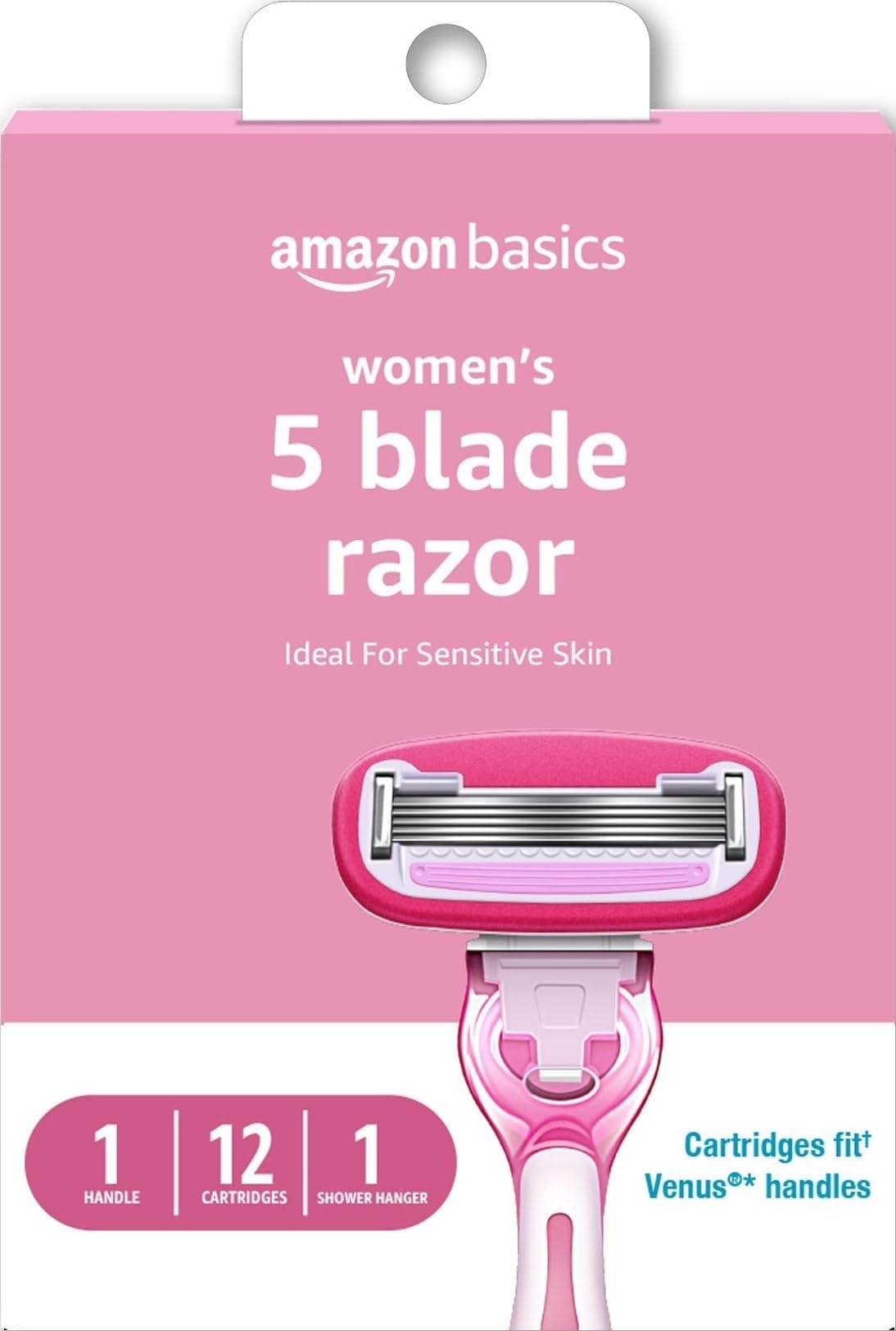 Women's 5-Blade Razor for Smooth, Close Shave, FITS Amazon Basics Handle and Venus Handles, Ideal for Sensitive Skin, Includes 1 Handle, 12 Cartridges & 1 Shower Holder