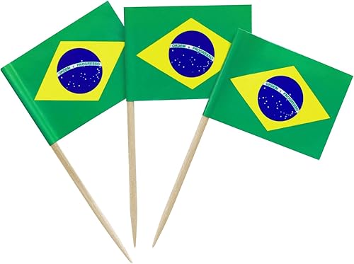 100 piezas de bandera brasileña de palillo de dientes pequeño, decoración de mini cupcakes, banderas de comida de cóctel, selecciones de cóctel