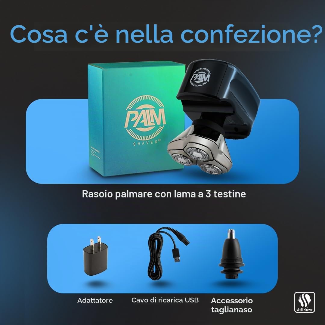 Skull Shaver Palm Rasoio per Viso e Testa – Senza fili, Ricaricabile, Utilizzo a Secco e sotto l’Acqua – Rasoio Elettrico da Uomo, Ricarica USB – Kit di Cura per Uomo | Senza fili, Ricaricabile, Utilizzo a Secco e sotto l'Acqua, Rasoio Elettrico da Uomo,