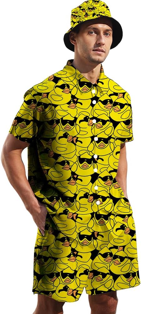 Men's 2 Piece Tracksuit Hawaiian Shirt Shorts Button Down Shirt and Shorts Sets with Bucket Hats