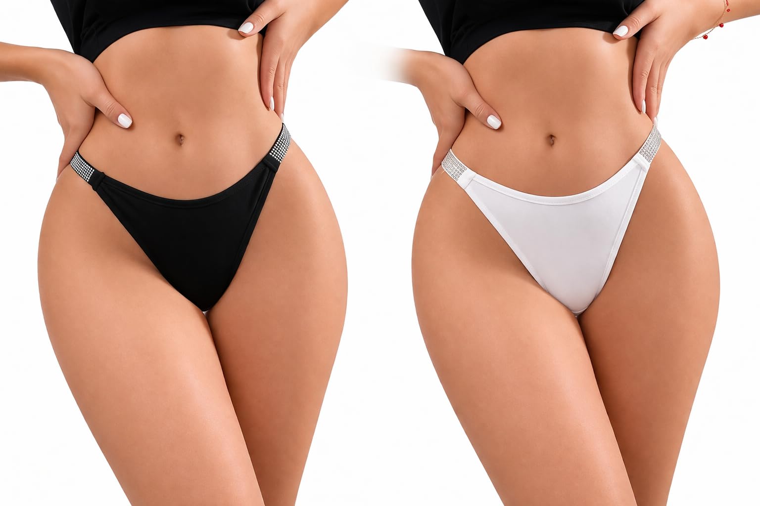 aptox Women's Thong Bikini Bottoms with Rhinestone Strap, Low Rise Brazilian Cut, Black & White, 2 Pack-picture-17