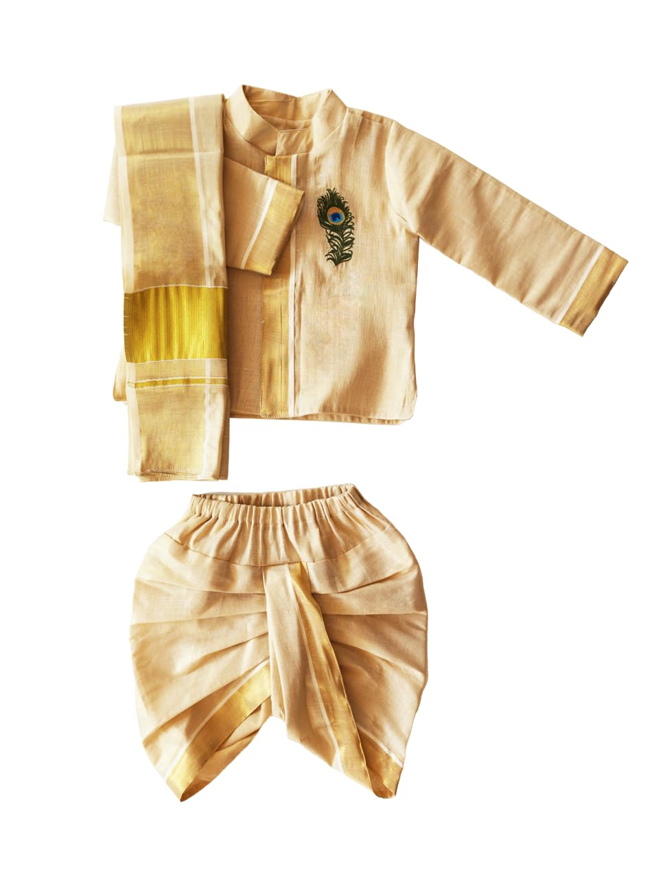 Boys Pure Cotton Dhoti Kurta Set with Stole | Full Sleeve Round Neck Kurta with Dhoti Set for Kids | Traditional Ethnic Wear Outfit for Festive, Wedding, Temple, and Casual Wear (Cream)-picture-40