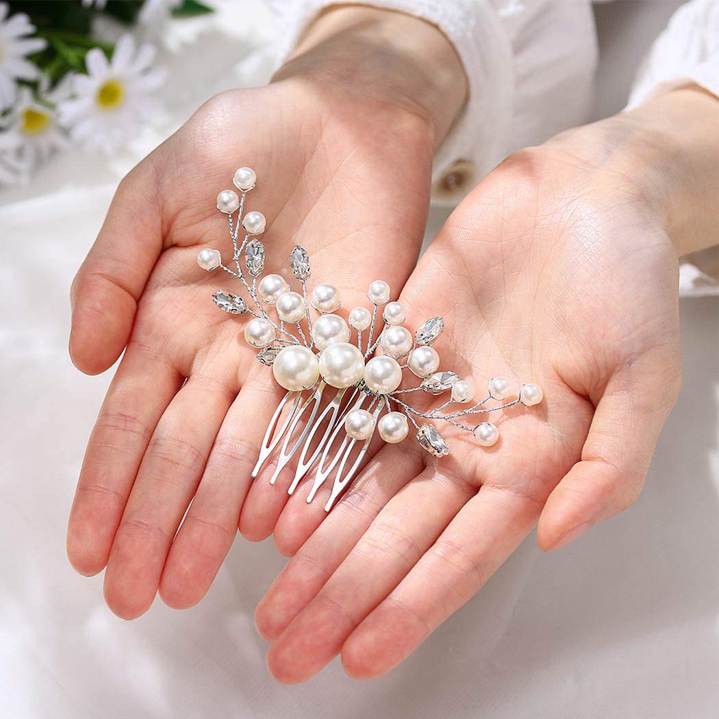Evild Wedding Hair Comb Silver Pearls Flower Hair Side Comb Bridal Rhinestone Hair Clips Hairpieces Wedding Hair Accessories for Brides and Bridesmaids : Beauty & Personal Care