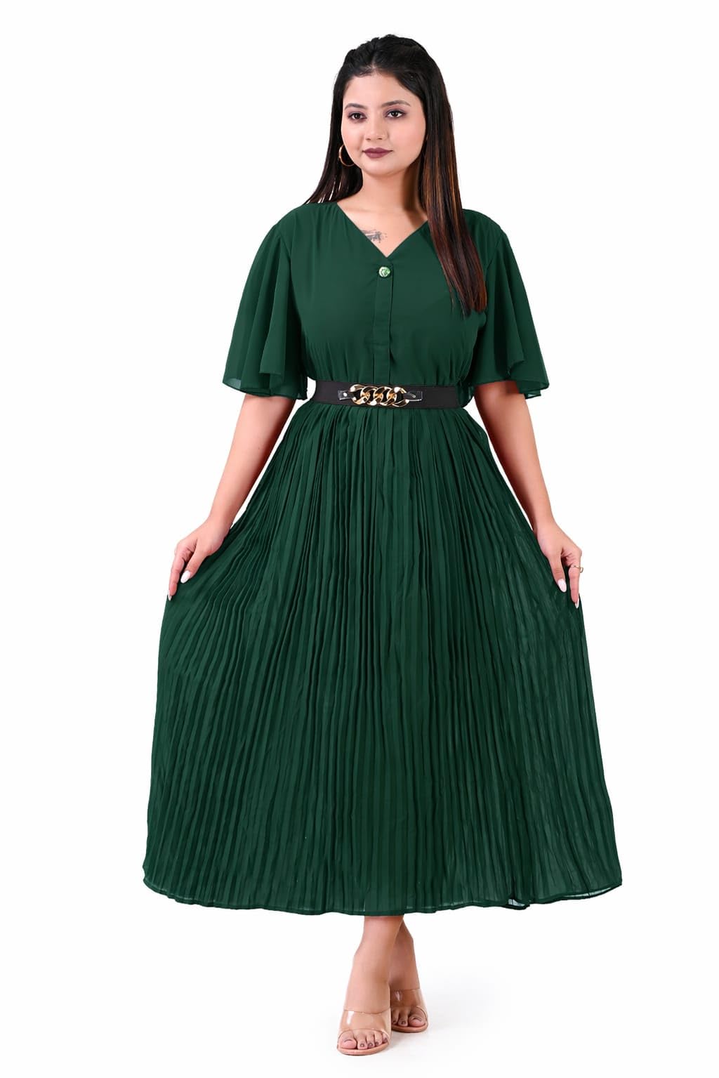Women's Maroon Pleated Maxi Dress, V-Neck with Flutter Sleeves, Belt Included-picture-50