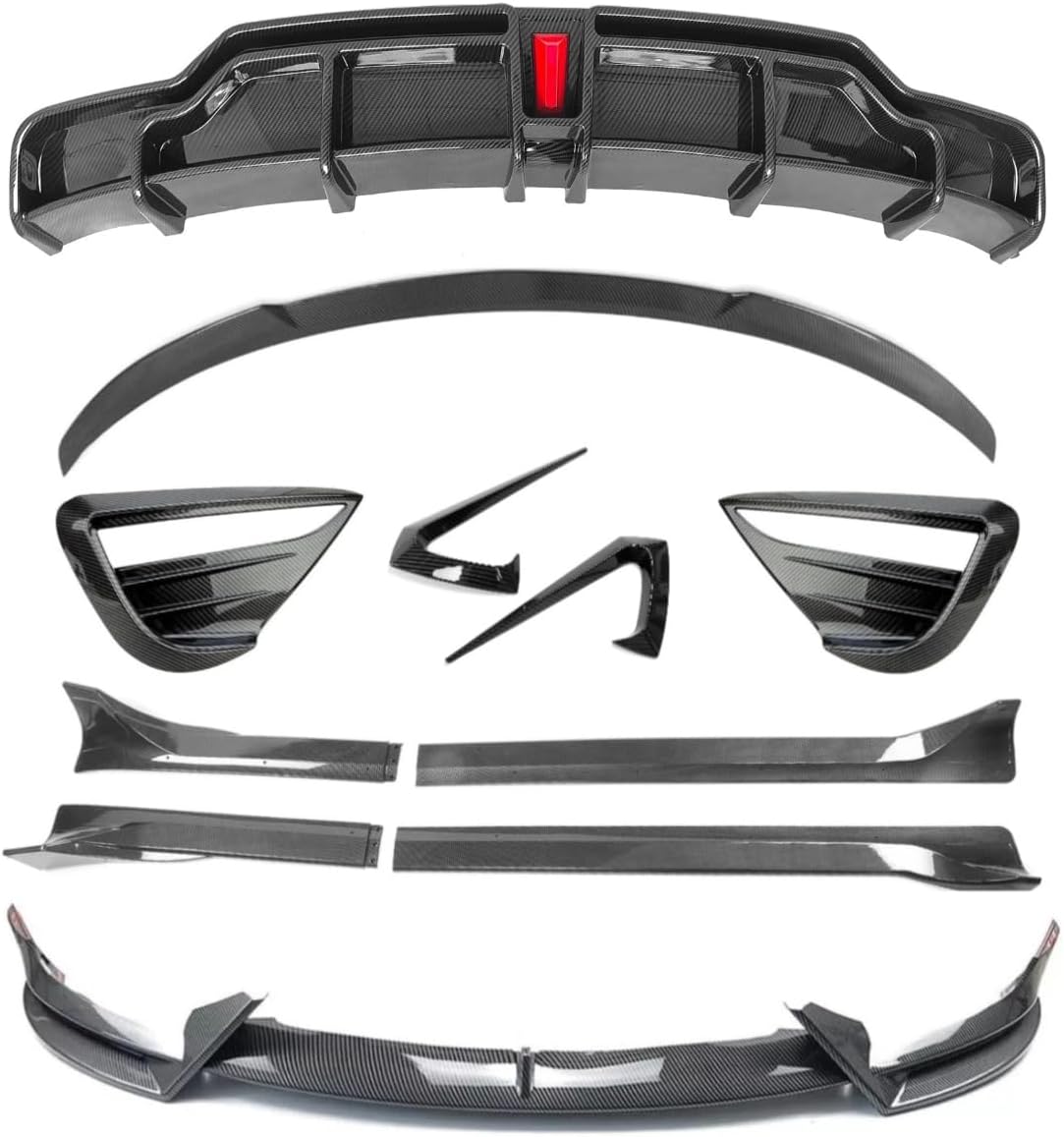 Tesla Model Y Body Kit Full Aero Package for 2019-2024, Rear Bumper Diffuser, Side Skirts, Front Splitter Lip, Spoiler, Fog Light Eyebrow Side Camera Cover (Style B, Carbon Fiber Look)