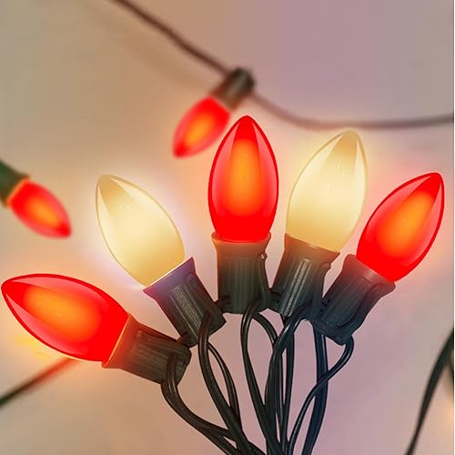 Miniatura 14 de Luces de Navidad C9 rojas, blancas y verdes al aire libre, 25 pies, luces vintage para árbol de Navidad con 26 bombillas C9 transparentes Rojo