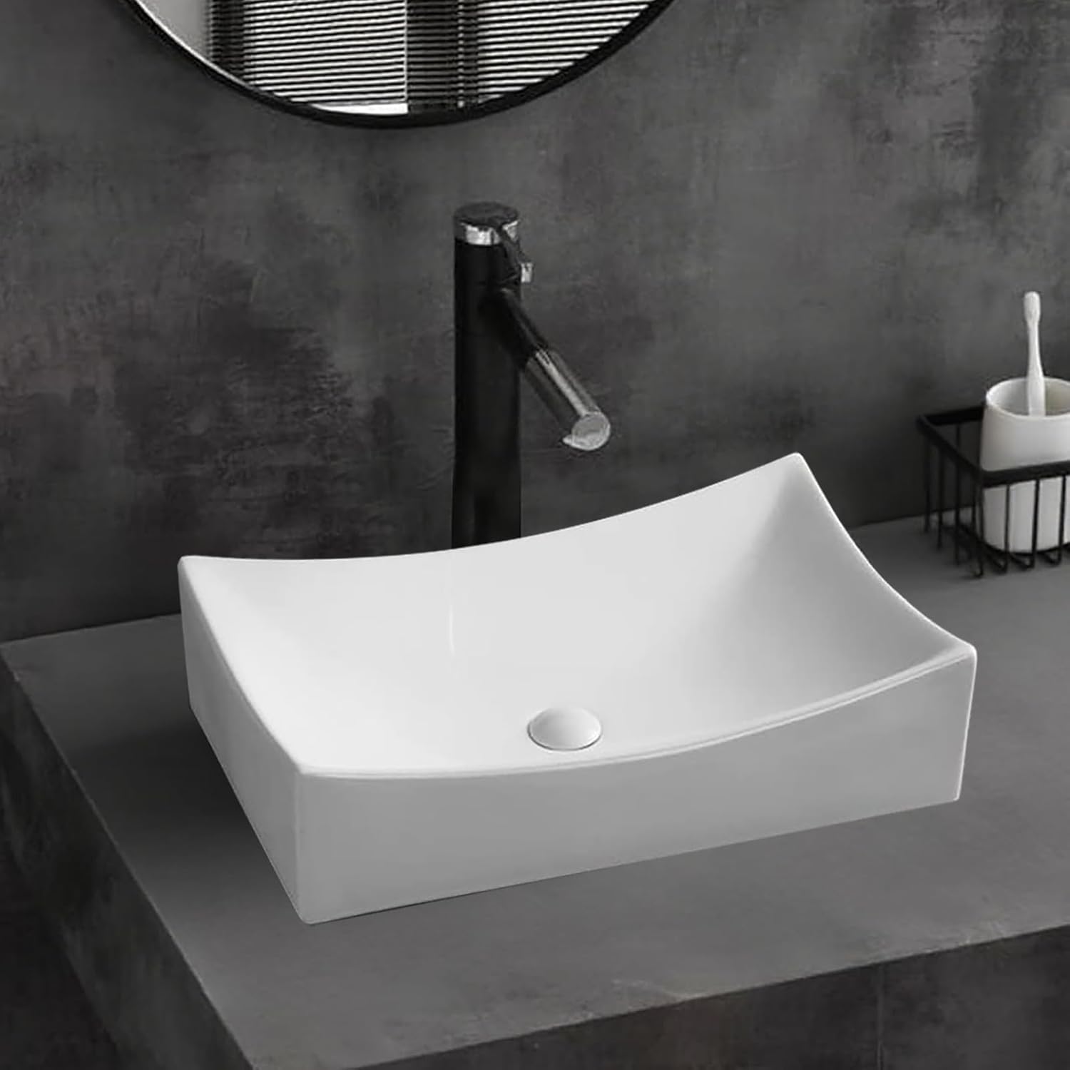 SouNor Small Rectangle Bathroom Sink Above Counter Square Basin Bowl Countertop Vessel 20"x15" Inches Modern Contemporary Porcelain Ceramic Wash Lavatory